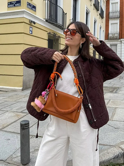 Casual Quilted Padded Jackets Women's Faionable Loose Round Neck Long Sleeve Zipper Cropped Length Outerwear Winter New