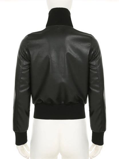 Locomotive Style Solid Pu Leather Jackets Casual Stand Collar Zipper Long Sleeve Coats Women Autumn Winter Ladies