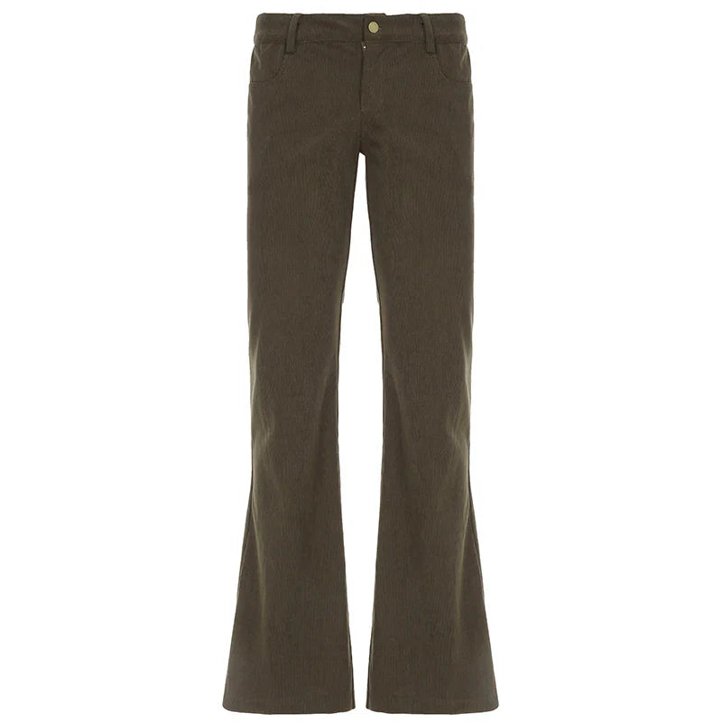 Women Corduroy Flare Pants Retro Green Low Waisted Skinny Boot Cut Trousers Autumn Y2K Streetwear Outfits Casual