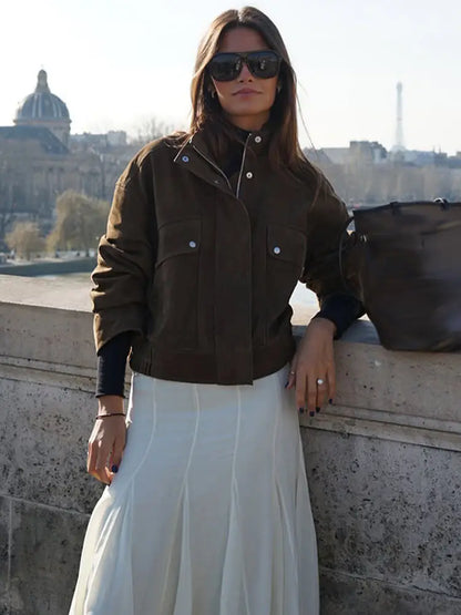 Zipper Suede Cargo Jacket Coat Button Lapel Maillard Slimming Workwear Leather Jackets Casual Short Outwear Commute Overcoat