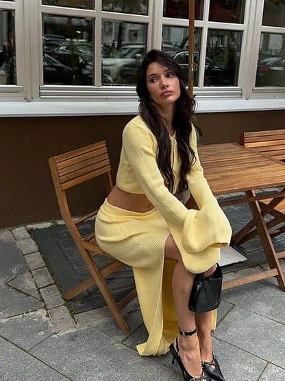Women Knitted Lace Up 2pcs Set With Skirt Long Sleeve Waist Exposed Cardigan Sexy Slit Long Skirts Autumn New Matching Sets