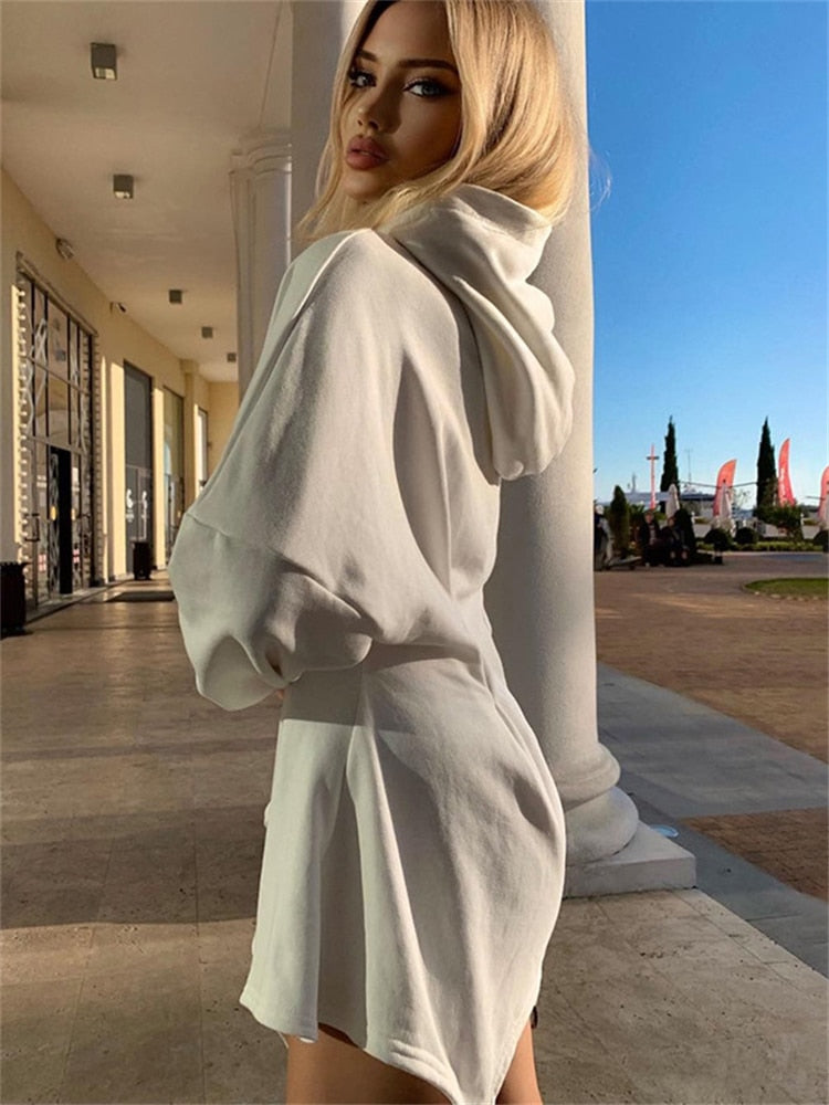 Tossy Fashion Hooded Dress For Women White Waist Wrap Bodycon Mini Dress Spring Long Sleeve Hoodies Sweatshirt Dresses