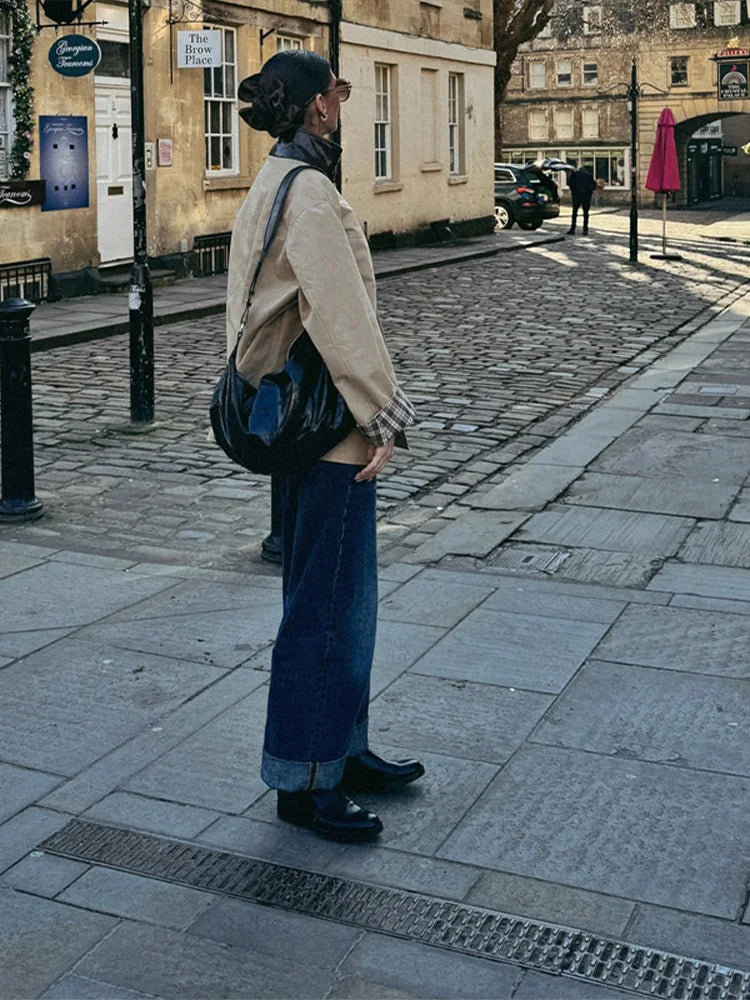 Leather Collar Cargo Jacket Button Down Plaid Pattern Patchwork Jackets Vintage Contrast Color Trench Coat Loose Casual Outwear