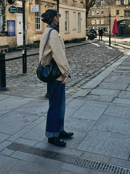 Leather Collar Cargo Jacket Button Down Plaid Pattern Patchwork Jackets Vintage Contrast Color Trench Coat Loose Casual Outwear