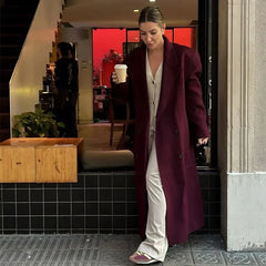 New Autumn Winter Women Burgundy Red Padded Shoulder Coats Fashion Double Breasted Casual Lapel Outerwear Female Street Overcoat