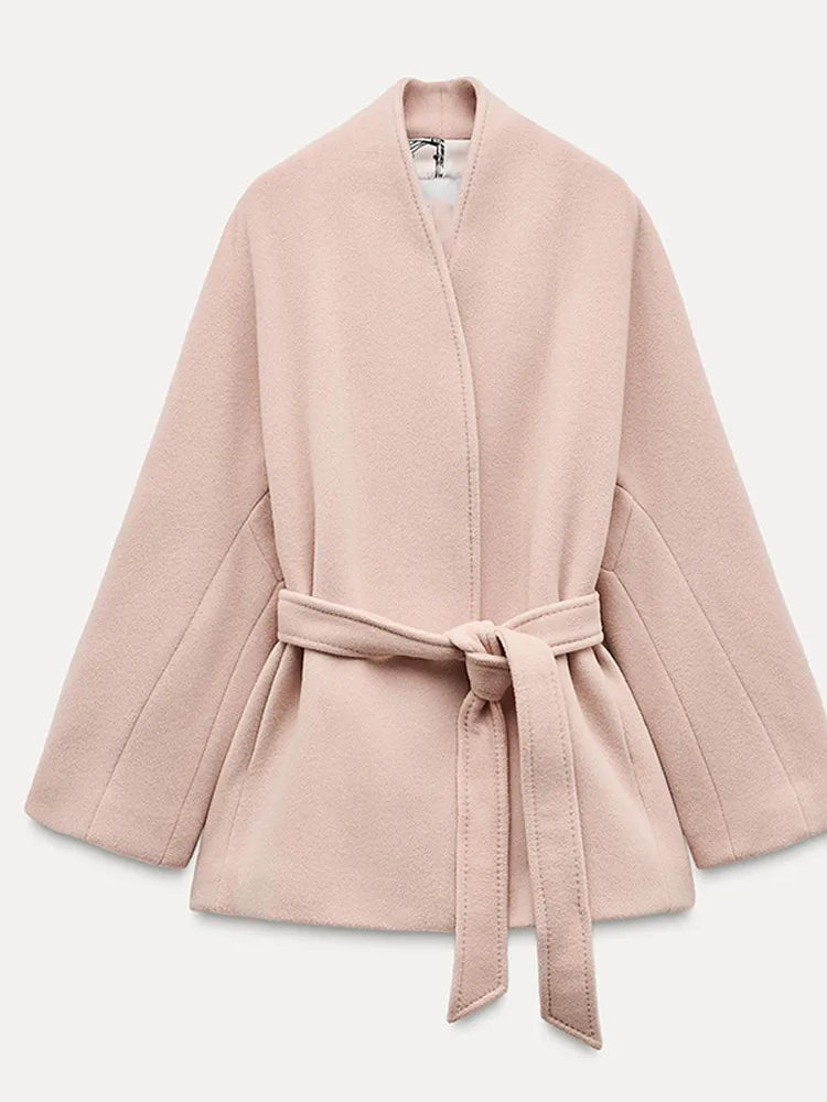Women Sweet Pink V-neck Woolen Jacket Fashion Belt Lace Up Loose Full Sleeved Outerwear Autumn Winter Lady High Street Overcoat
