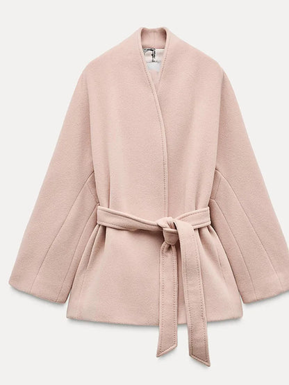 Women Sweet Pink V-neck Woolen Jacket Fashion Belt Lace Up Loose Full Sleeved Outerwear Autumn Winter Lady High Street Overcoat