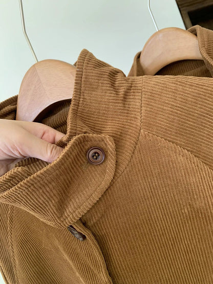 Solid Color Corduroy Trench Coat Women Autumn Winter Single Breasted Stand Collar Long Outerwear Vintage Fashion Jacket