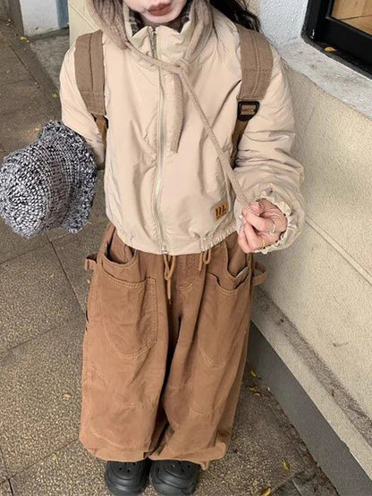 Women Plain Spliced Wide Leg Cargo Pants Big Pockets Drawstring Low Waist Loose Draped Sweatpants Lounge Casual Streetwear