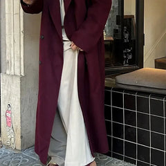 New Autumn Winter Women Burgundy Red Padded Shoulder Coats Fashion Double Breasted Casual Lapel Outerwear Female Street Overcoat