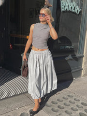 Solid Color Fold Skirts For Women Elastic High Waisted With Pocket Loose Fashion Patchwork Summer New Long Skirt Female