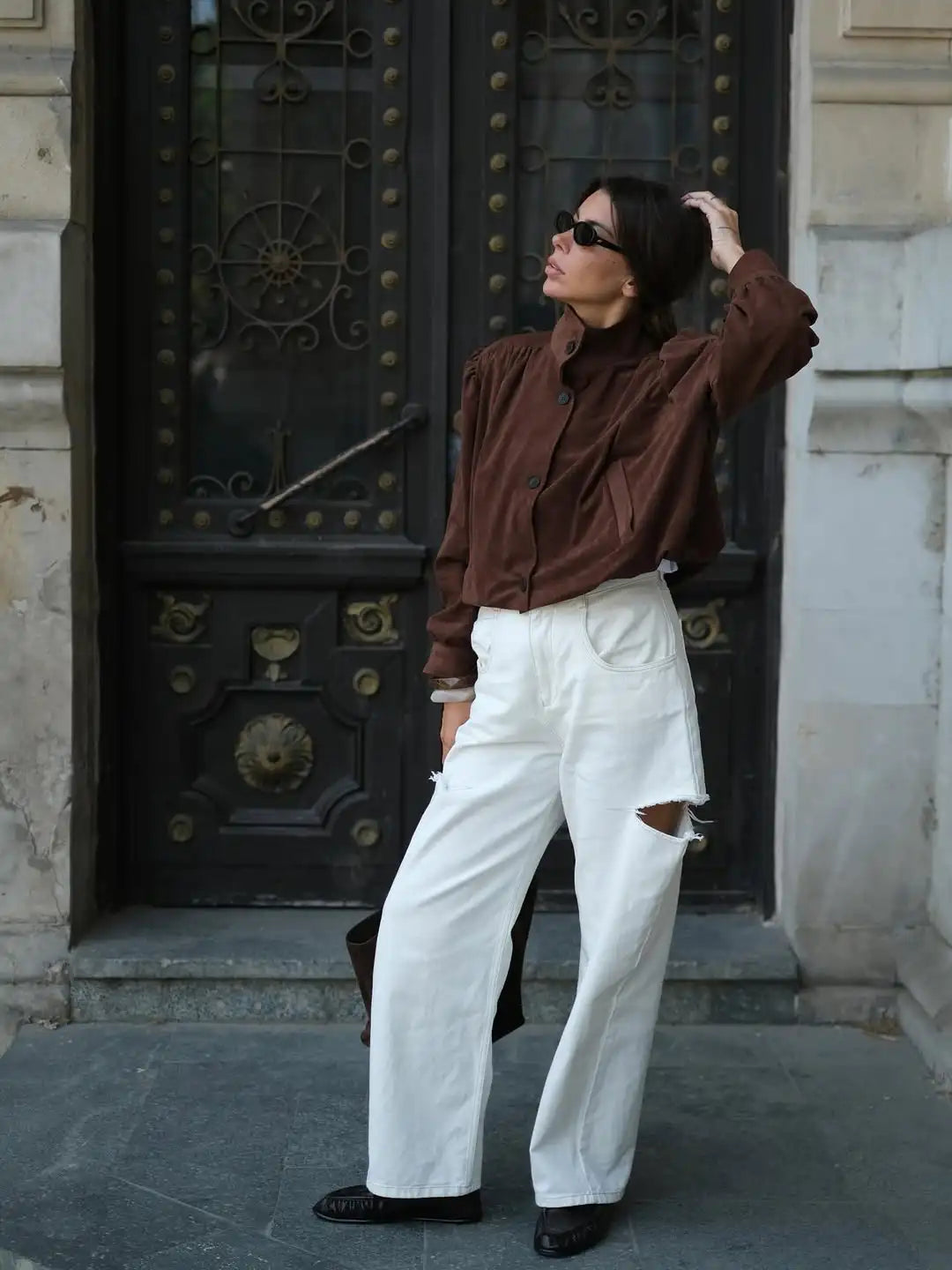 Retro Brown Suede Short Jacket Elegant Women Stand Collar Full Sleeves Single Breasteds Loose Coats Autumn Chic Lady Street Wear