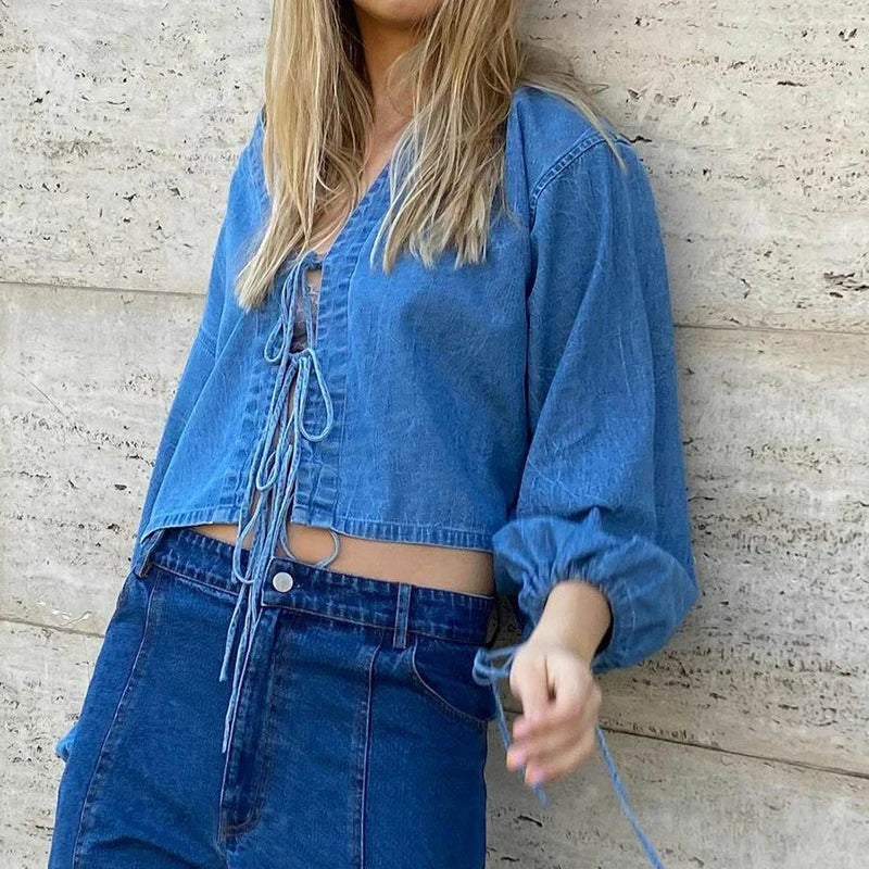 00s Retro Tie-up Front Denim Crop Tops Vintage Cottage Long Sleeve V Neck Shirts Spring Fall Blouses Tees Y2K Aesthetic T-shirt