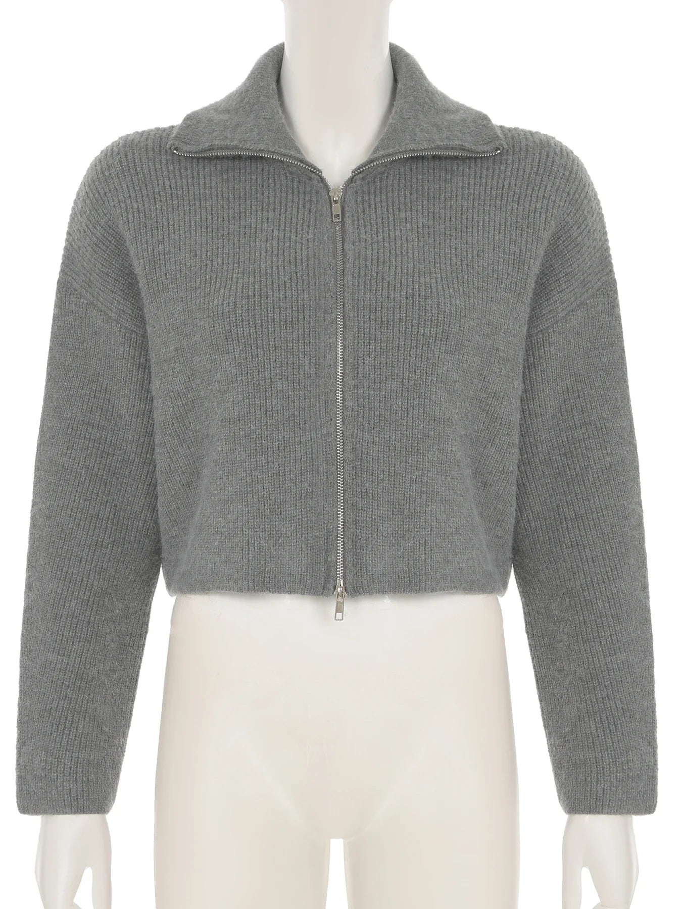 Casual Solid Zipper Knitted Cardigans Slim Turn-Down Collar Long Sleeve Sweater Coats Women Autumn Winter Fashion