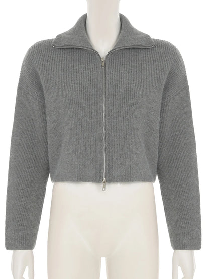 Casual Solid Zipper Knitted Cardigans Slim Turn-Down Collar Long Sleeve Sweater Coats Women Autumn Winter Fashion