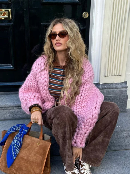 Knitted Twist Chic Cardigans Women Elegant Long Sleeve Loose O-neck Sweaters Female Autumn Vintage All-match Coats Tops