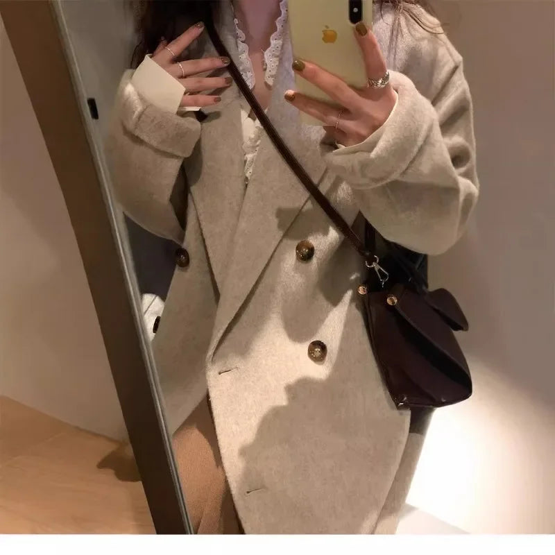 new Women Wool Blend Coat Solid Mid Long Woolen Blazer Thick Warm Blouse Women's Overcoat Office Lady Tops Autumn Winter