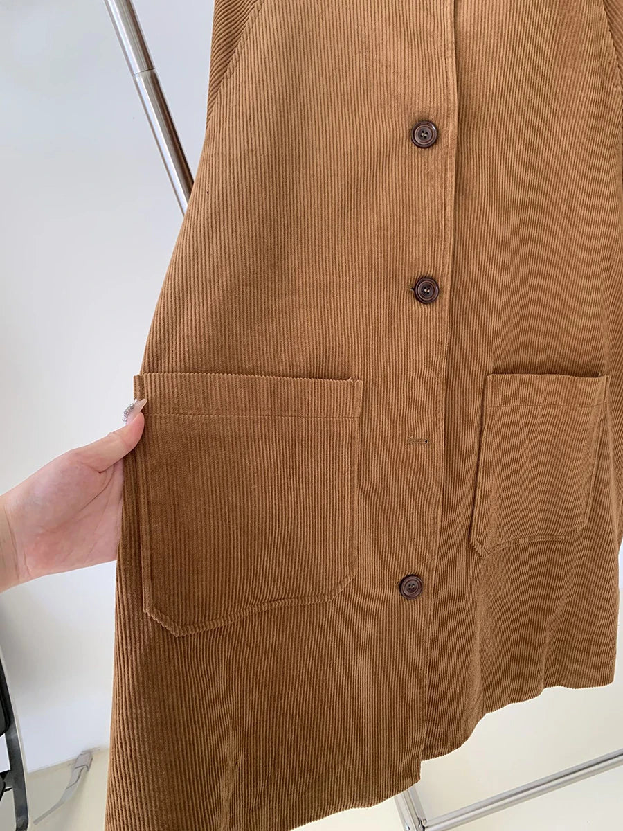 Solid Color Corduroy Trench Coat Women Autumn Winter Single Breasted Stand Collar Long Outerwear Vintage Fashion Jacket