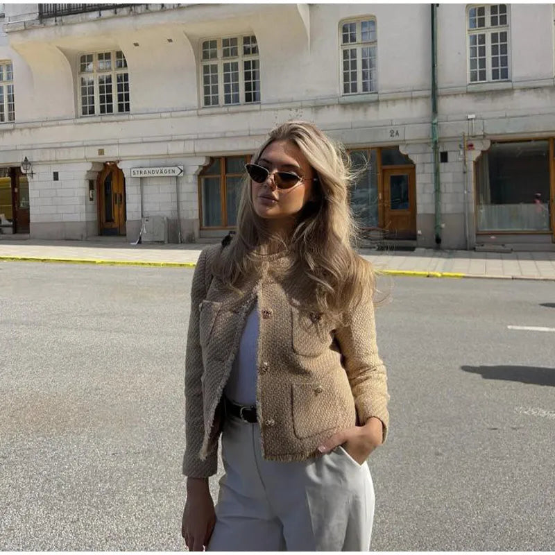 Fashion O-neck Pockets Short Coats For Women Autumn Long Sleeve Single Breasted Tweed Jacket New Chic Cropped Coats Female
