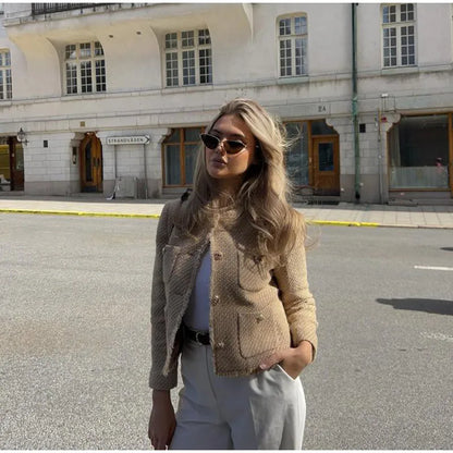 Fashion O-neck Pockets Short Coats For Women Autumn Long Sleeve Single Breasted Tweed Jacket New Chic Cropped Coats Female