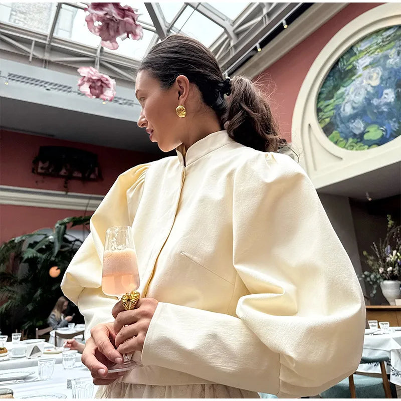 Retro Solid Stand Collar Short Shirt Women Elegant Single Breasted Puffy Sleeve Shirts Coat Lady Versatile Chic Streetwear