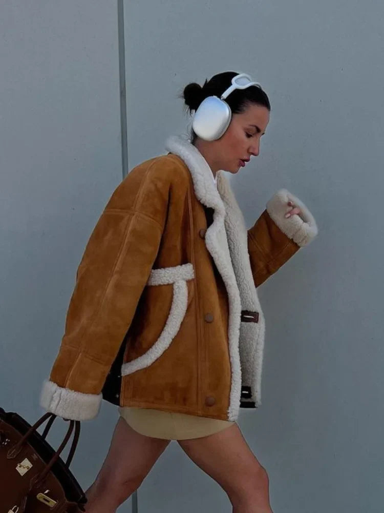 Fashion Lamb Woolen Spliced Warm Coat For Women Vintage Side Buttons Lapel Full Sleeve Jackets Lady Autumn Winter Thick Outwear