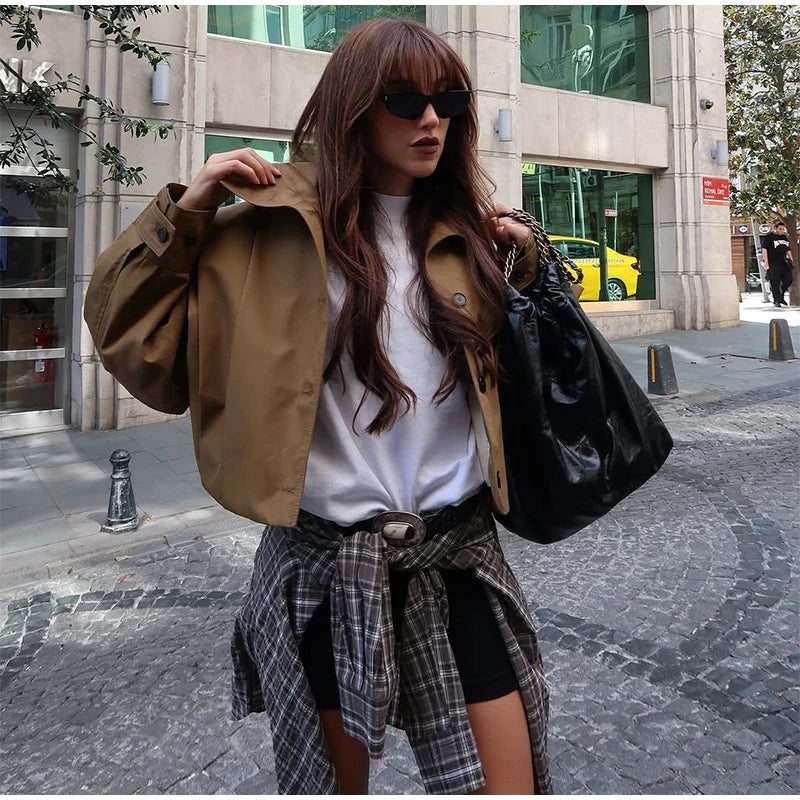 Lapel Single Breasted Loose Windbreaker Women Solid Oversized Jackets 2025 New Fashion Casual Autumn Chic High Street Outerwear