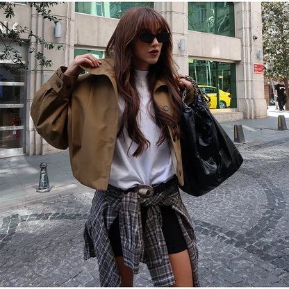 Lapel Single Breasted Loose Windbreaker Women Solid Oversized Jackets 2025 New Fashion Casual Autumn Chic High Street Outerwear