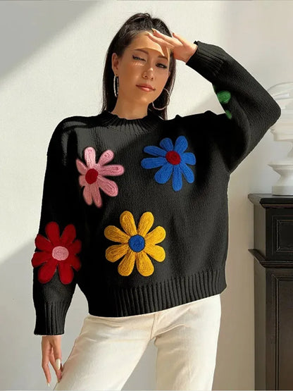 Autumn Knitted Women Sweater Sweet Flower Loose Long Sleeve O-neck Female Pullovers 2025 New Casual Loose Ladies Tops Streetwear