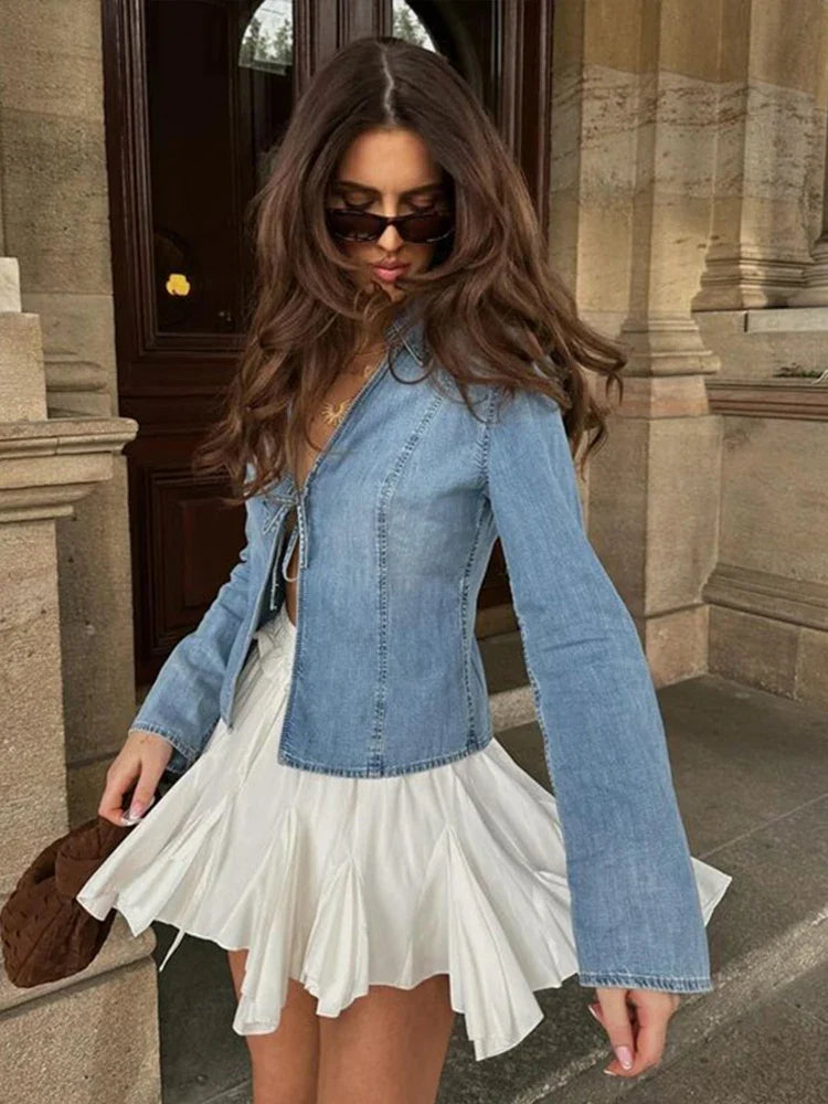 Women's Denim Jacket Without Buckle Tie Up Slim Fit Female Jacket New Baseball Jersey Casual Summer Autumn Simple Jacket