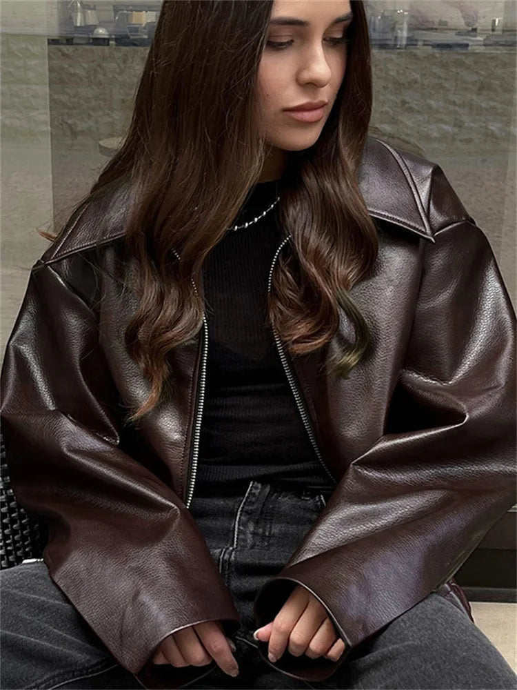 High Street Loose Female PU Coat Casual Zipper Slim High Waist Long Sleeve Patchwork Fashion Clothes Women Autumn Outwear