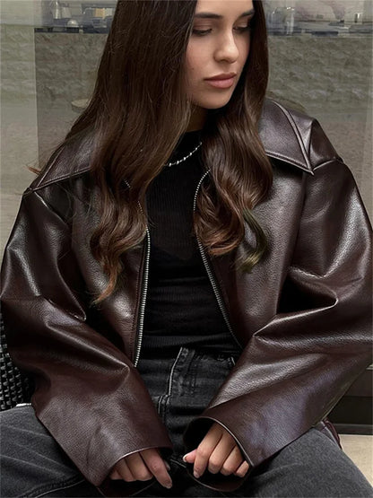 High Street Loose Female PU Coat Casual Zipper Slim High Waist Long Sleeve Patchwork Fashion Clothes Women Autumn Outwear