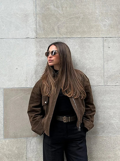 Zipper Suede Cargo Jacket Coat Button Lapel Maillard Slimming Workwear Leather Jackets Casual Short Outwear Commute Overcoat