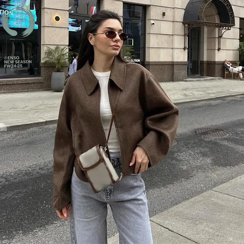 Vintage Solid Lapel Short Jacket Women Loose Long Sleeve Zipper Crop Coats Autumn New Lady Casual High Street Outwears