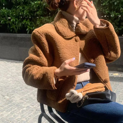 Women's Winter Sweet Plush Coat Lamb Fur Jacket Peter Pan Collar Single Breasted Short Outerwears