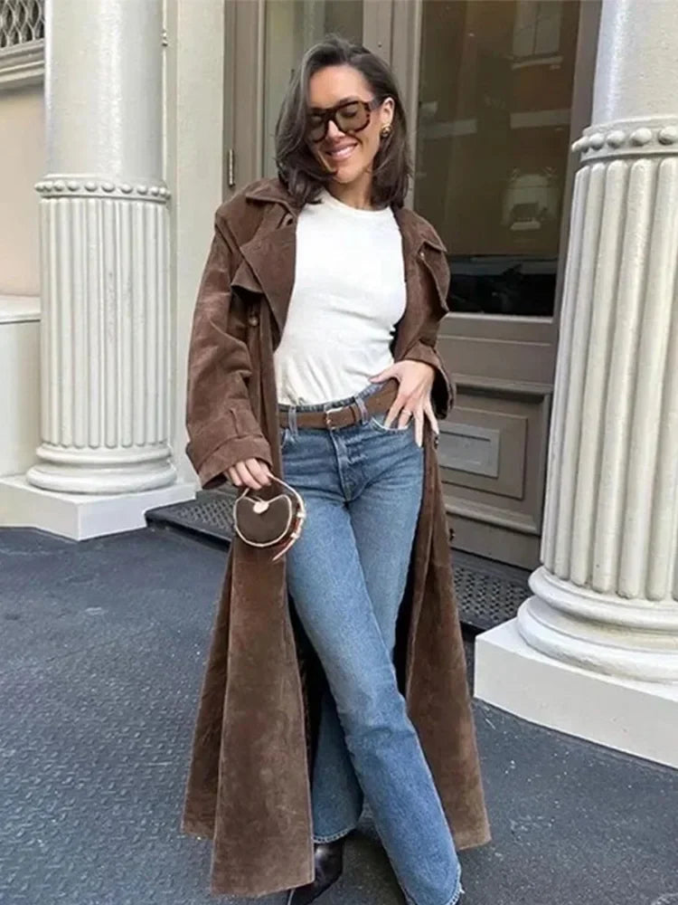 Female New Elegant Windbreaker Turn-Down Collar Long Sleeves Belt Solid Autumn Women's Double Breasted Trench Coat Mujer