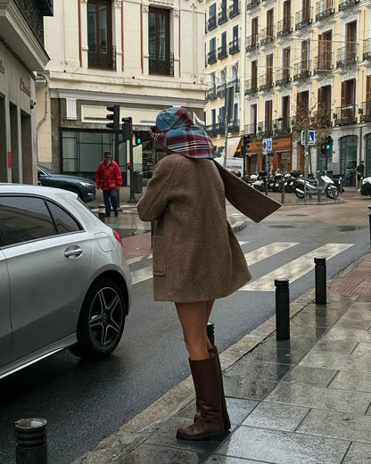 Retro Striped Scarf Collar Wool Blends Jacket Women Chic Pockets Single Breasted Full Sleeve Coat Lady New Elegant Outwear