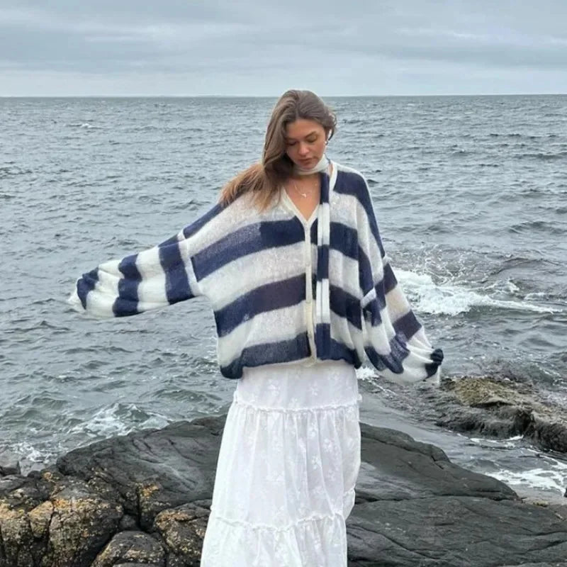 Striped Knit Sweater Cardigan With Scarf Women Casual V Neck Lantern Sleeve Coat Autumn Chic Contrast Lady Fashion Knitwear