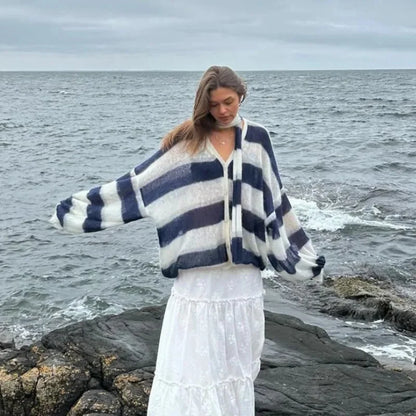 Striped Knit Sweater Cardigan With Scarf Women Casual V Neck Lantern Sleeve Coat Autumn Chic Contrast Lady Fashion Knitwear