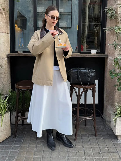 Leather Collar Cargo Jacket Button Down Plaid Pattern Patchwork Jackets Vintage Contrast Color Trench Coat Loose Casual Outwear