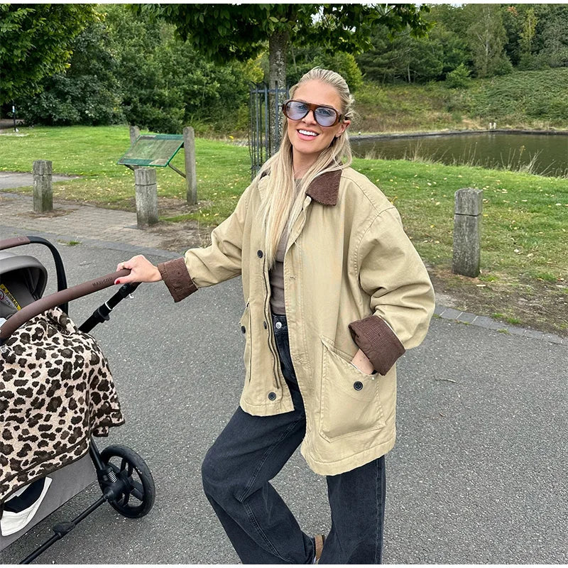 Casual Panelled Pockets Jackets Women Casual Patchwork Lapel Long Sleeves Single Breasted Coat Autumn Lady Loose Outfits