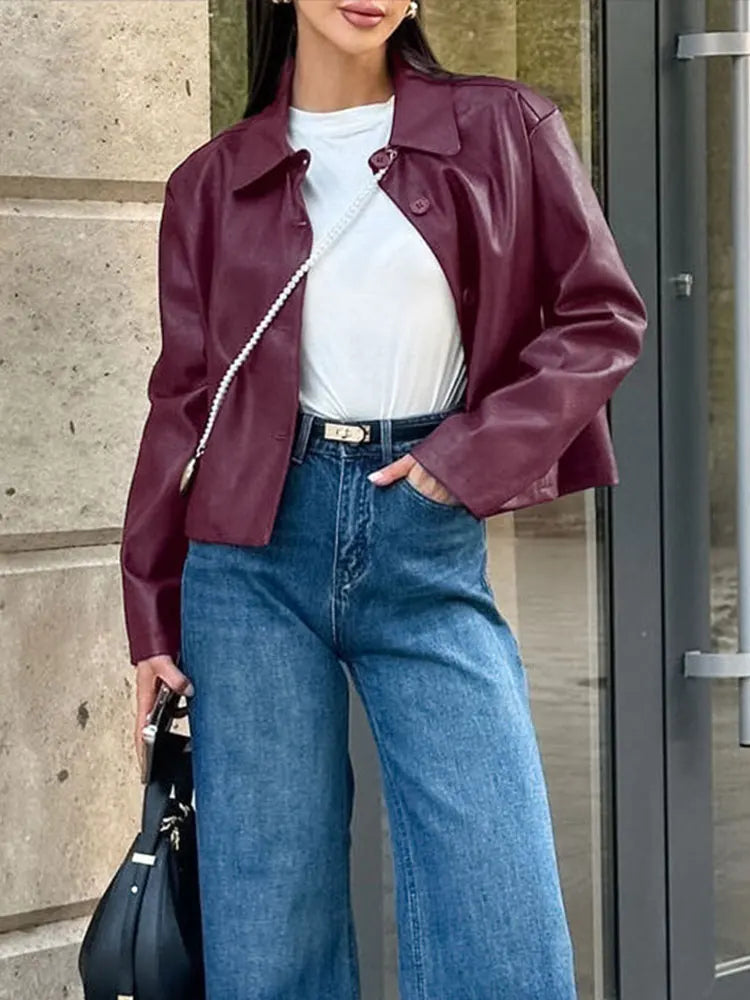 Burgundy Faux Leather Jackets Women Moto Biker Lapel Zipper Long Sleeve Female Coats 2025 Spring Casual Lady Street Outwear