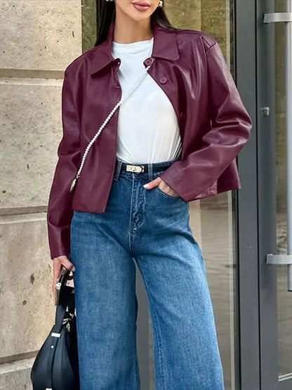 Burgundy Faux Leather Jackets Women Moto Biker Lapel Zipper Long Sleeve Female Coats 2025 Spring Casual Lady Street Outwear