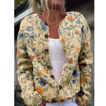 Women's Fall Sweater Flower Print Long Sleeve Loose Knitwear Cardigan Female Casual Cozy Soft Coat Daily wear