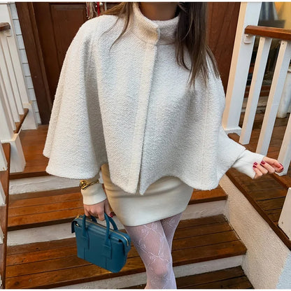 Elegant Cloak Women Loose High Neck A Line Hidden Button Coats Female 2025 Spring New Fashion Solid Soft Chic Cloaks Lady