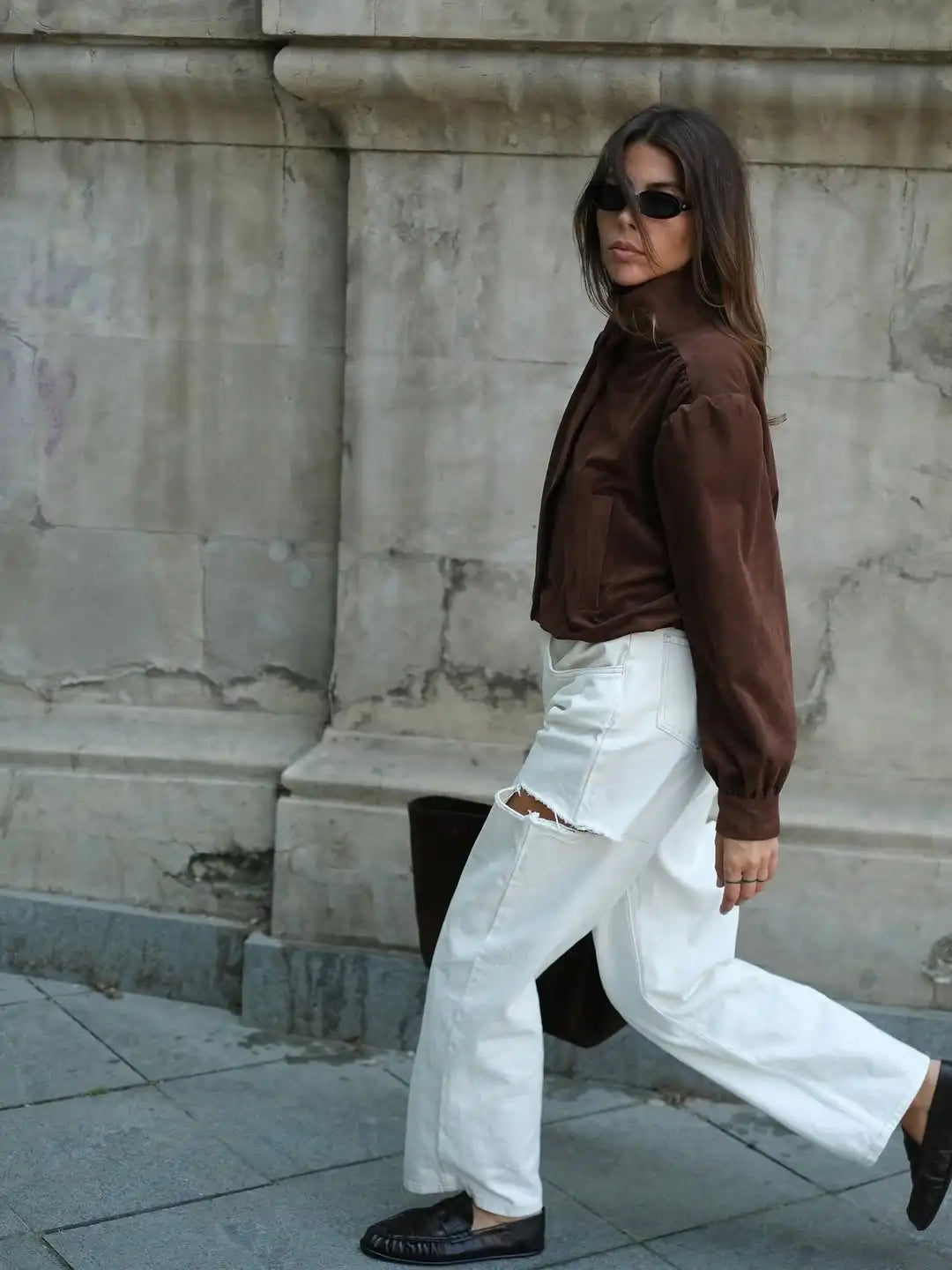 Retro Brown Suede Short Jacket Elegant Women Stand Collar Full Sleeves Single Breasteds Loose Coats Autumn Chic Lady Street Wear