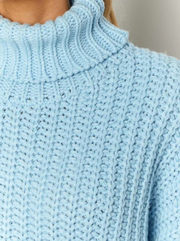 2025 Autumn Winter Blue Sweater Dress Fashion High Collar Knit Short Dress Loose Straight Solid Flare Sleeve Casual Women Dress