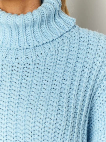 2025 Autumn Winter Blue Sweater Dress Fashion High Collar Knit Short Dress Loose Straight Solid Flare Sleeve Casual Women Dress