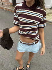 Striped Contrast Short Sleeve T-shirt Women Buttons Turndown Collar Tee Shirt Spring New Streetwear Vintage Chic Top Tees 2025