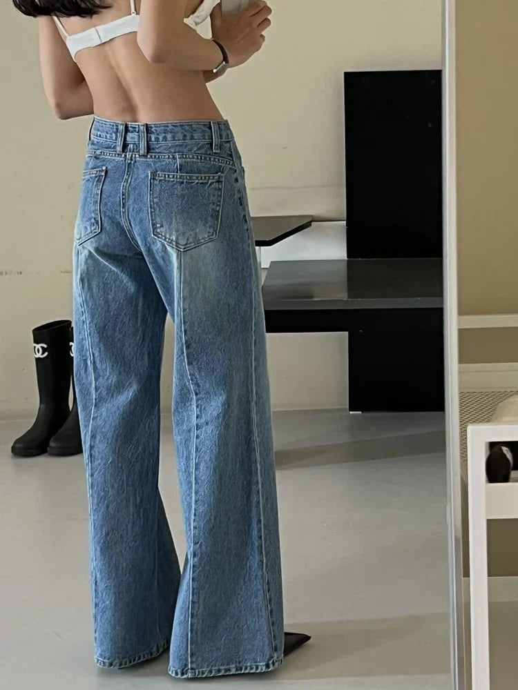Women Fashion High Waist Loose Pockets Jeans Casual Vintage Blue Wide Leg Pants Y2k Streetwear New Autumn Winter Jeans
